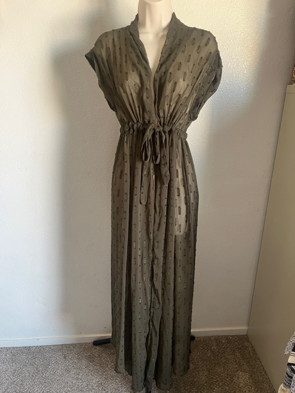 Sheer Olive Sheer Textured Duster with Drawstring Waist